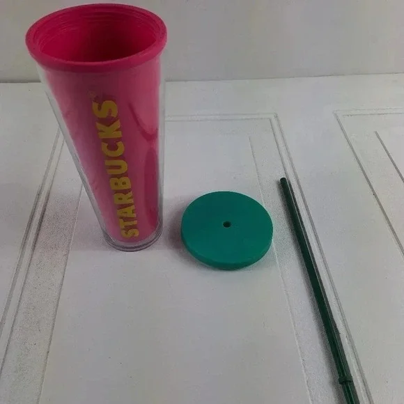 Starbucks 2014 Pink and Green top and Straw with Yellow Starbucks Letters 24 Oz. - Picture 2 of 8